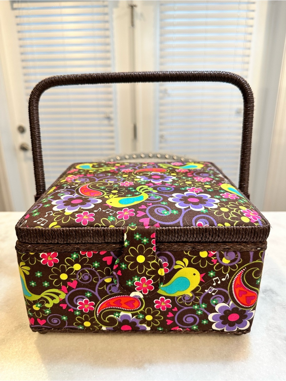 Vintage Colorful Floral Sewing Box/Basket with Tray - Made In Philippines 🇵🇭
